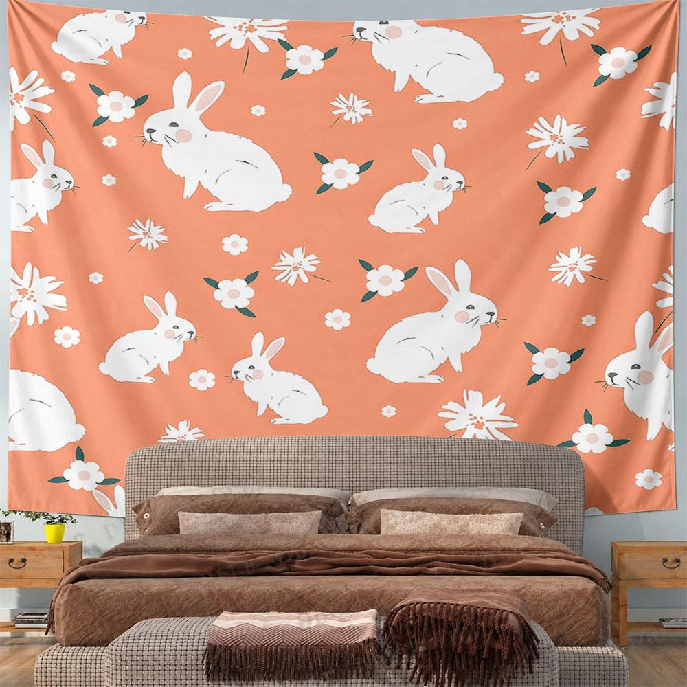 White Bunny Pattern on Orange Background Pattern Wall Hanging Tapestry Decorative Tapestry Home Decor for Bedroom and Living Room