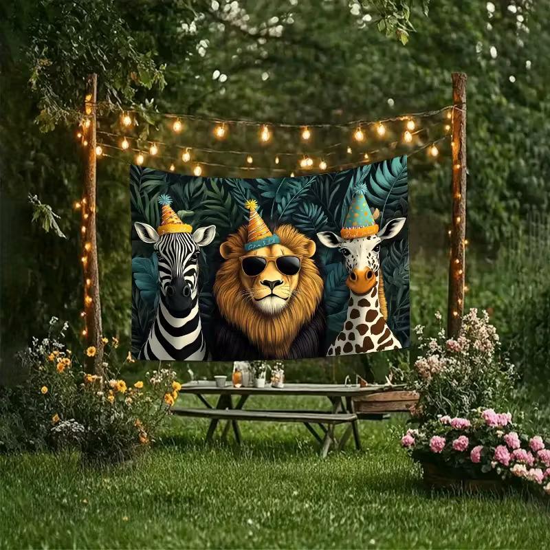 Birthday Party Animals Backdrop Funny Safari Lion, Zebra and Giraffe Photography Background