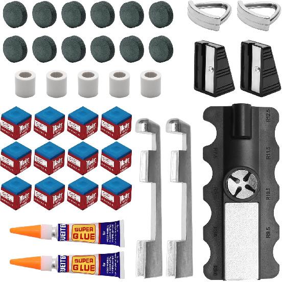 38 pcs Pool Cue Repair Kit, Billiard Cue Tips, 5 in 1 Tips Repair Tool, 2 Pool Cue Tip Clamp, 2 Cue Tips Trimmers, 12 Billiard Cue Tips, 5 Ferrules,