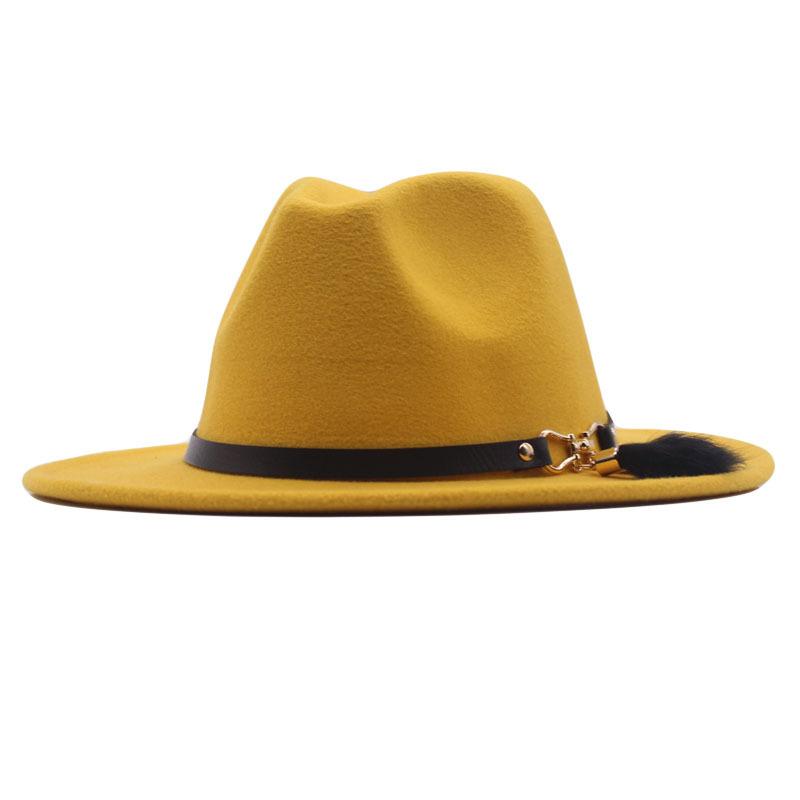 Autumn and winter woolen top hat British style classic flat edge jazz hat fashionable versatile women's hat metal buckle feather hat