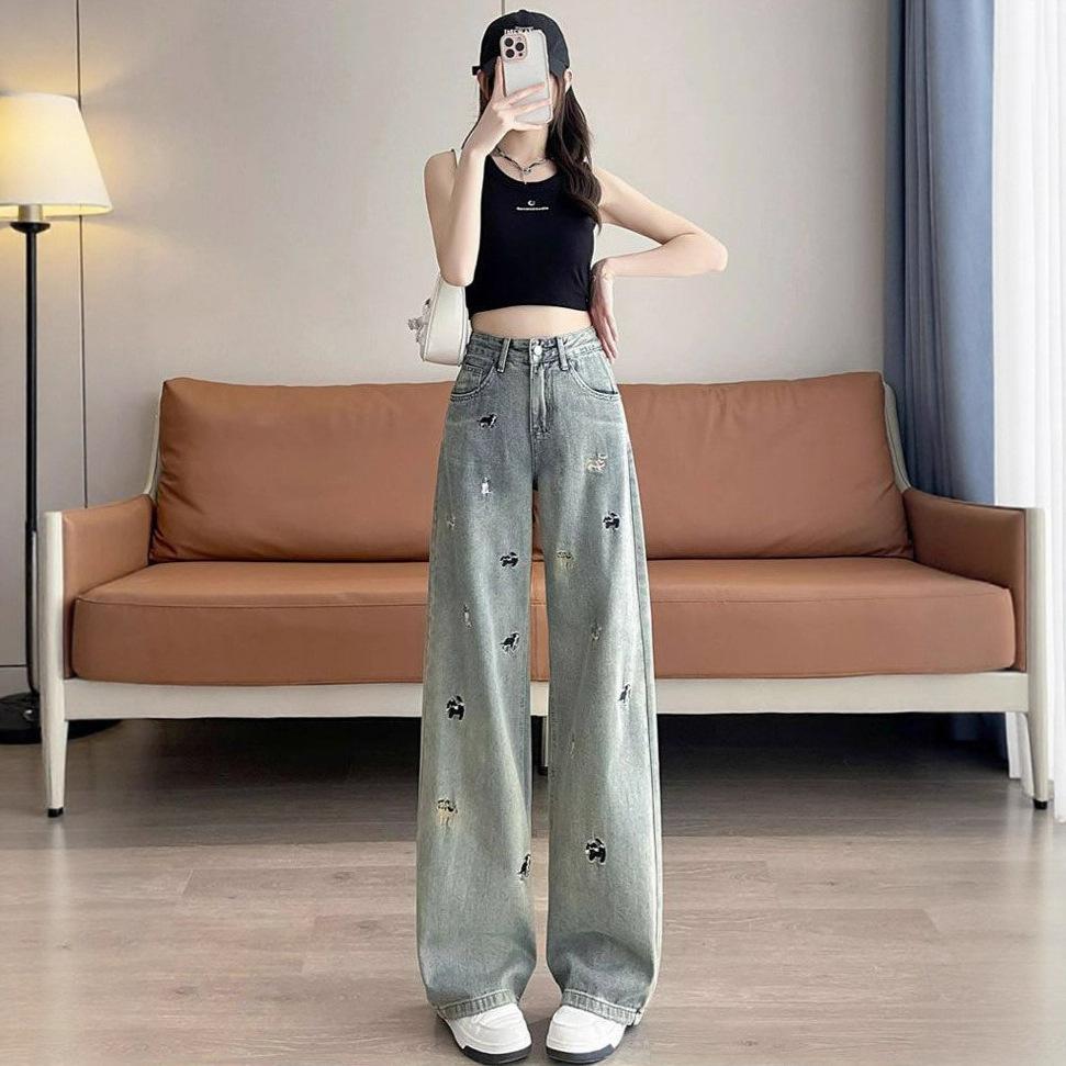 Comfortable Puppy Fun Embroidered Jeans Women Autumn Big Yardage Woman Retro High Waist Skinny Wide-Leg Trousers Jeans for Women Long Denim Pants