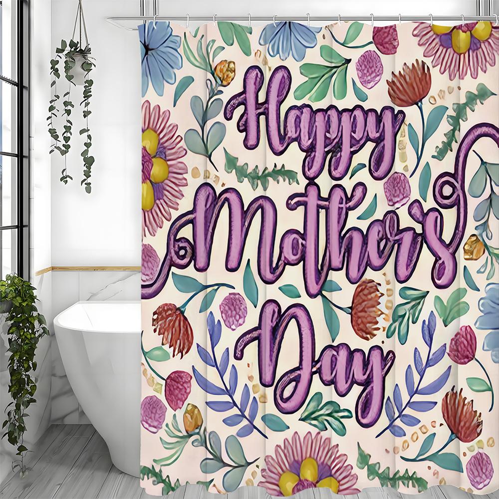 Happy Mother's Day Floral Purple Shower Curtain, Bathroom Decorative Shower Curtain, Waterproof Shower Curtain with Hooks