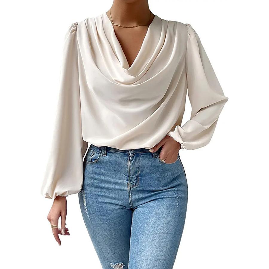 Chiffon Long Sleeve Shirt Loose Ruched V-Neck Top Women's T-Shirt
