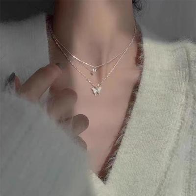 New Shiny Butterfly Necklace Elegant Pearl Necklace Ladies Exquisite Double Layer Clavicle Chain Necklace Jewelry for Ladies Gift