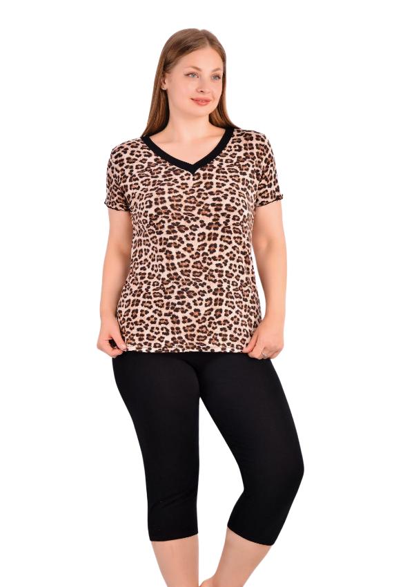 Women's Viscose Pajamas 2XL Short Sleeve 3/4 Pants For Summer Loose Leopard Print