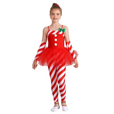 Dívčí kostým z cukrové třtiny Santa Claus Vánoční pruhy bez rukávů Potisk Tyl Peplum Dlouhý overal s rukávy