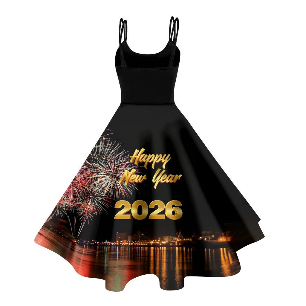 Women's New Year Printed Casual Fashion Round Neck Midi Dress