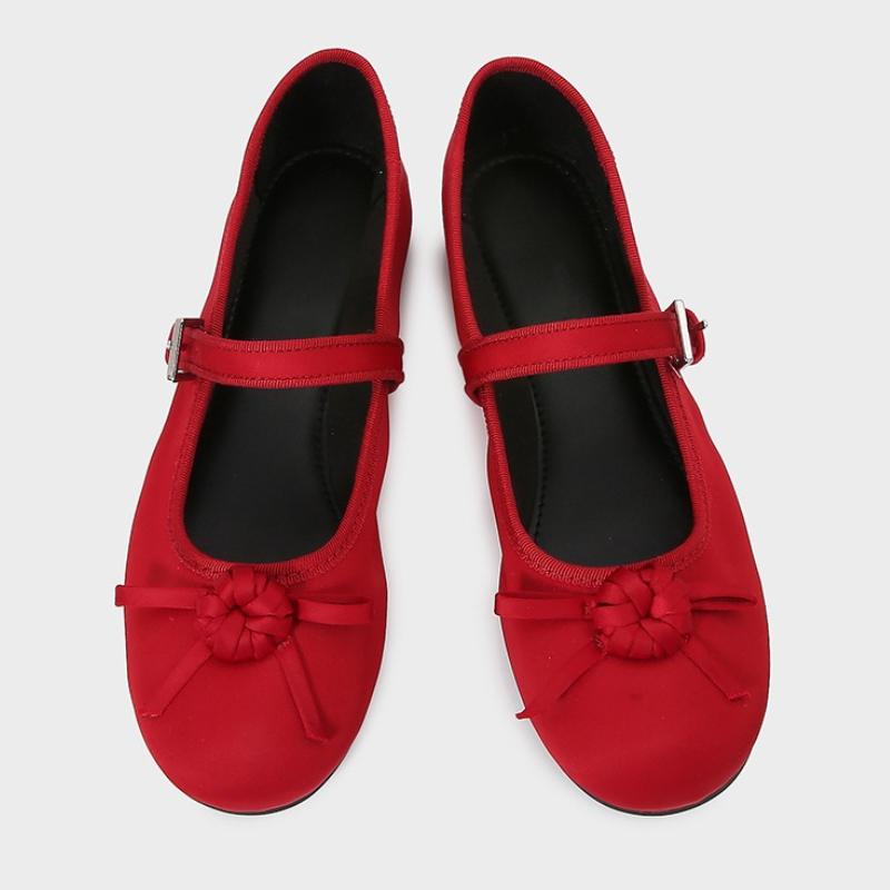 Fashion High Quality Satin Red Ballet Flats Women Elegant Bow Narrow Buckle Design Brand Mary Jane Shoes Concise Lightweight Casual Shoe