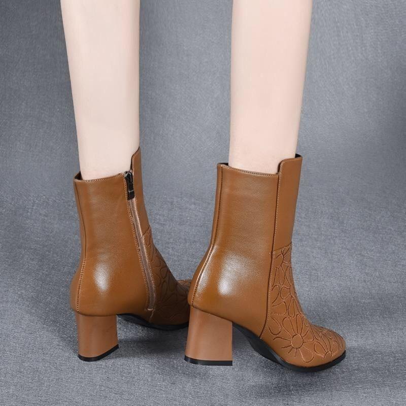 Women Ankle Boots Fashion Short Soft Leather High Heel Ladies Shoes Side Zipper for Women