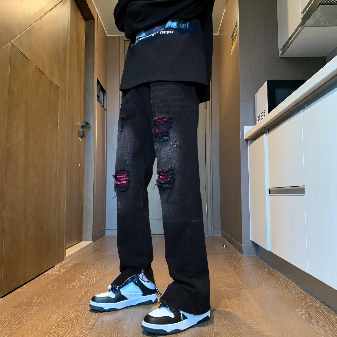 

Мужские облегающие расклешенные джинсы в стиле ретро с черными рваными заплатками 2XL чёрный