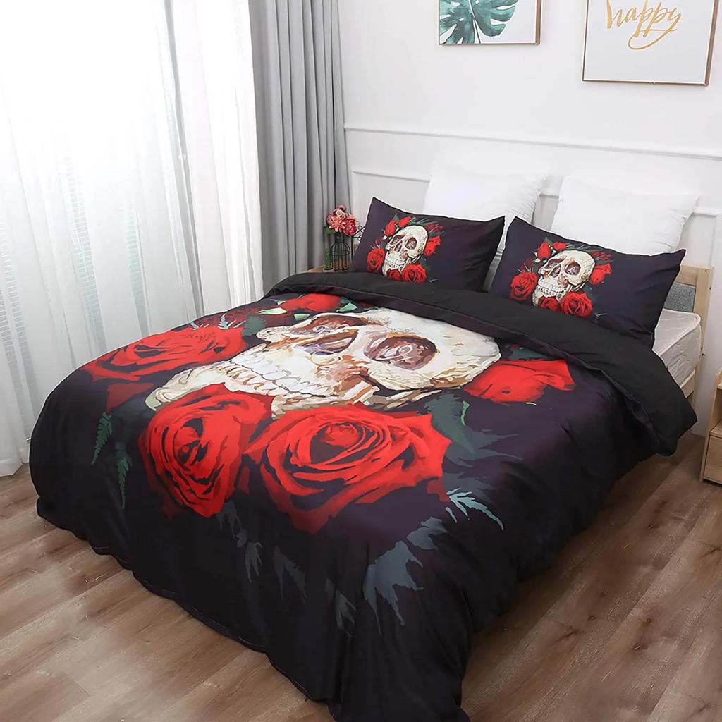 Red Rose Skull Bedding Duvet Cover Set 3D Floral Skull Printed Duvet Cover with Zipper,Soft Microfiber Gothic Decor Bedding Set