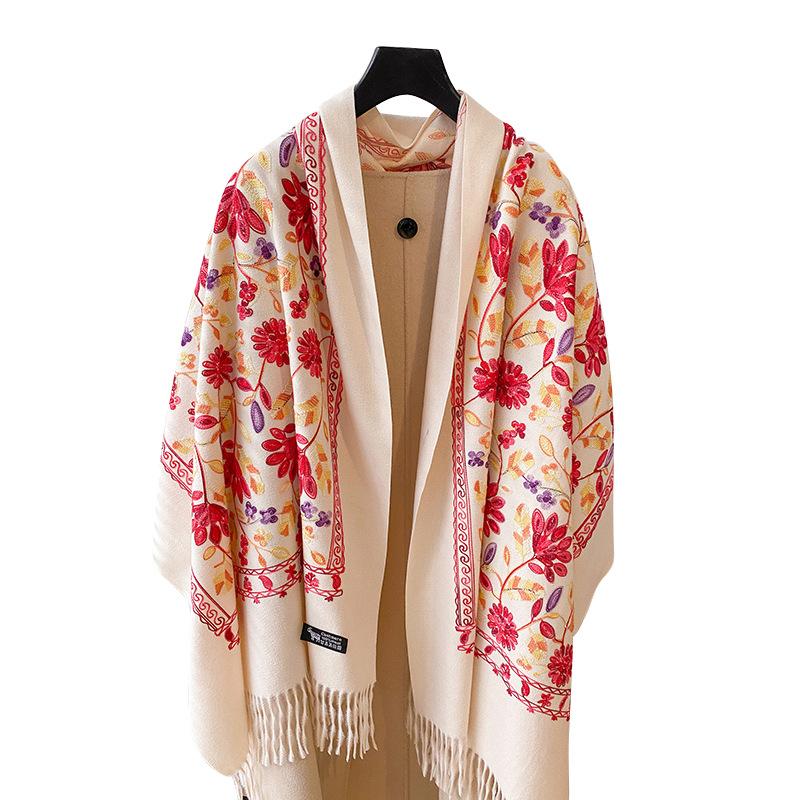 Plant Flower Embroidery Retro Literary And Ethnic Style Women'S Warm Scarf Core-Spun Yarn Fringe