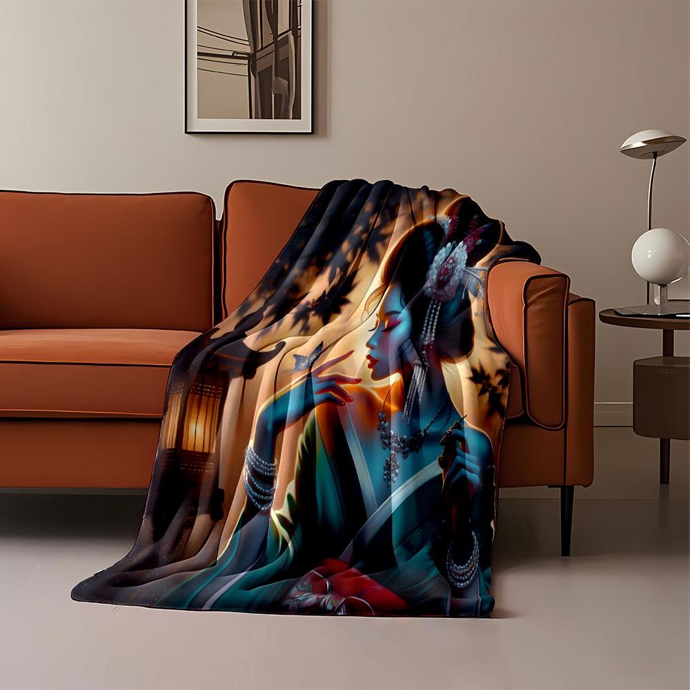 Elegant Geisha with Lantern and Butterfly print blanket soft and cozy perfect for the living room bed sofa or a nap,gift