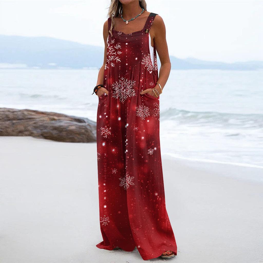 Women's Christmas Print Solid Wide Leg Strapless Tank Pocket Casual Onesie