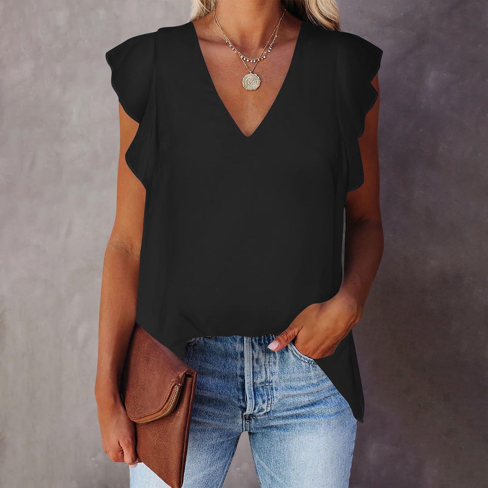 

Женский однотонный пуловер нестандартной формы с v-образным вырезом, тонкая шифоновая футболка с короткими рукавами, топ L чёрный