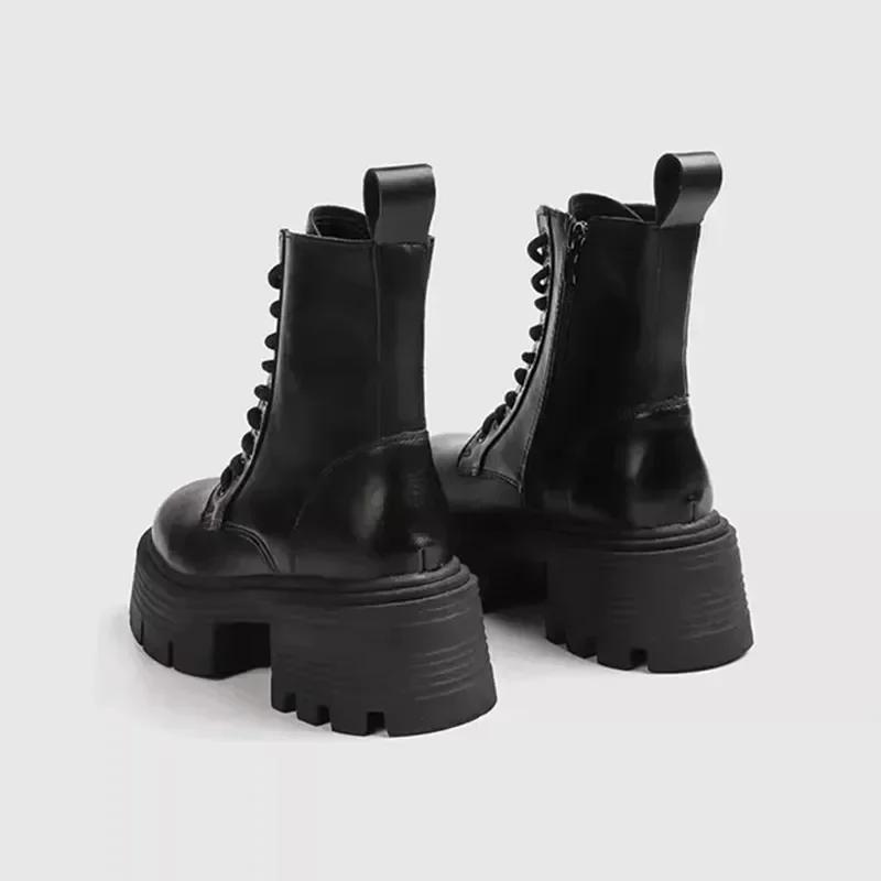 2025 Chunky Heel Black Mid Calf Platform Boots Women Fashion Lace Up Side Zip Design Soft Leather PU Biker Boots for Women Botas