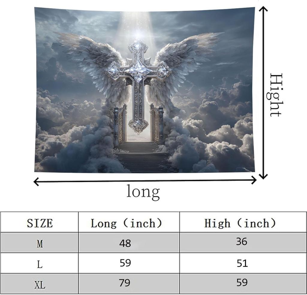 Majestätische Engelsflügel Kreuz Wandteppich Spirituelle Religiöse Wandbehang Heimdekor Christliche Kunst Polyester Polyester Druck