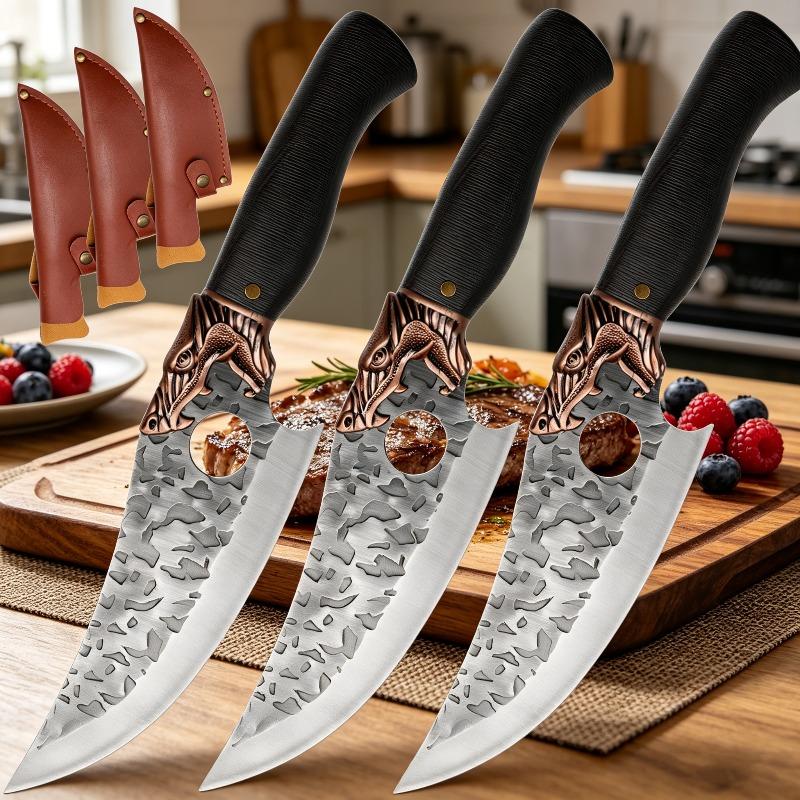 Vintage Forged Kitchen Knife Household Stainless Steel Meat Cutting Knife with Plastic Handle Forging Process Cutting Tool with Leather Knife Cover