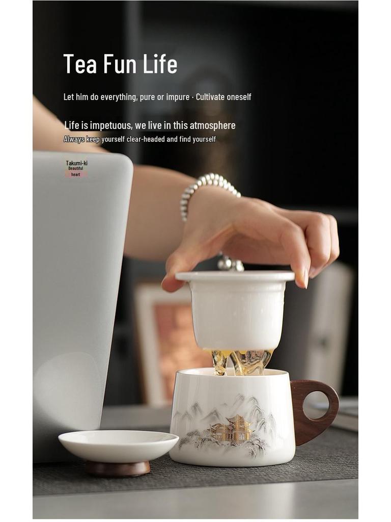 Dehua White Porcelain Tea & Coffee Mug with Lid - Ceramic Cup for Tea & Water Separation, Ideal for Office & Personal Use.