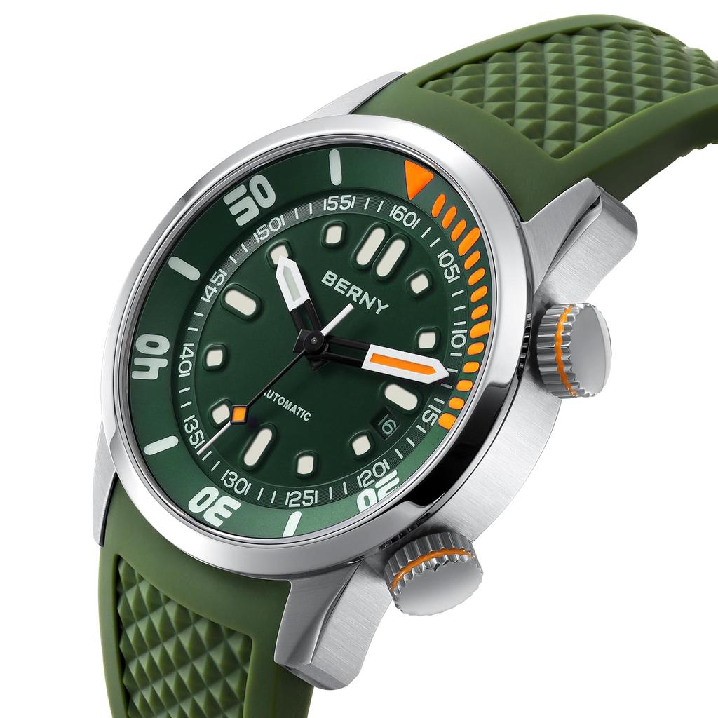 BERNY Men's Mechanical Dive Watch, 20ATM Waterproof, Sapphire Glass, Comfortable Silicone Band, Super Luminous, Automatic & Manual Wind