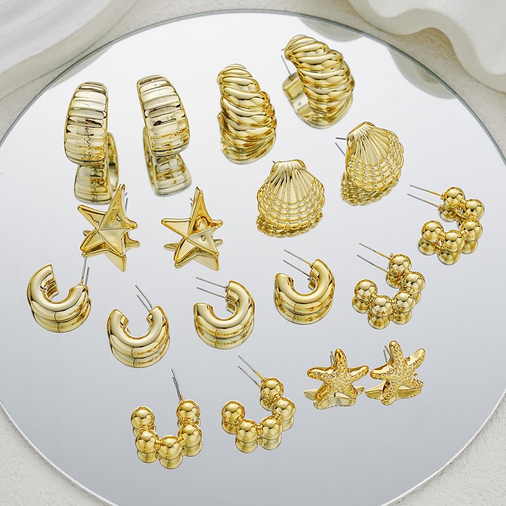 9Pairs Vintage Gold Color Earrings Set For Women Fashion Starfish Shell Hoop Stud Earrings Beach Party Daily Wear Jewelry Gifts