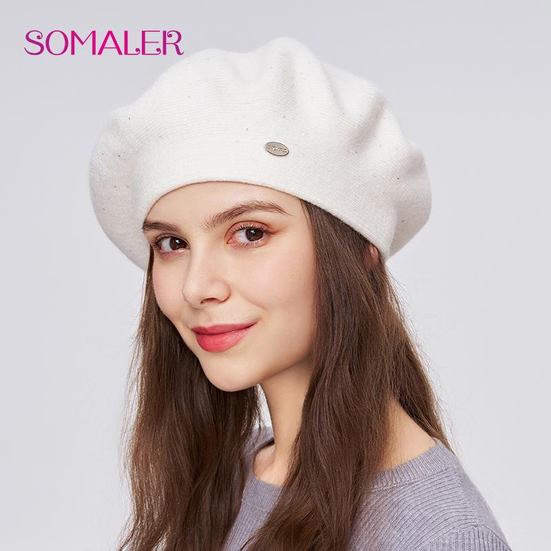 

SOMALER Зимний берет для женщин Осенний вязаный шерстяной берет Шапки с пайетками Теплый двухслойный Классический французский стиль Берет Шапка One Size белый