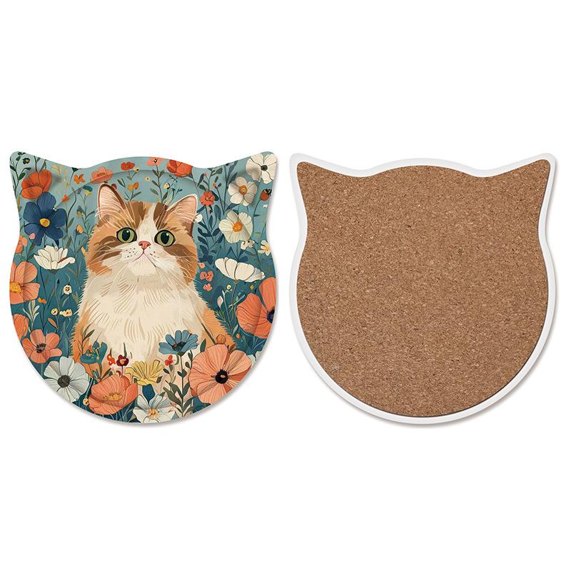 Cat Ceramic Coasters Cork Bottom Coffee Coaster Non-Slip Durable Heat Insulation Mats Home and Decoration Kitchen Utensils