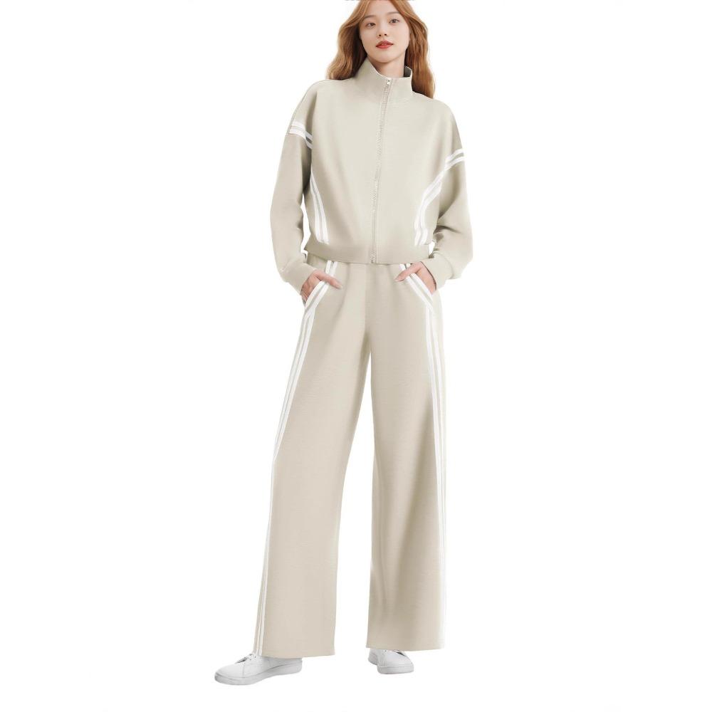 Women's Zip‑Up Stand Collar Striped Side Wide Leg Pants 2‑Piece Tracksuit Set