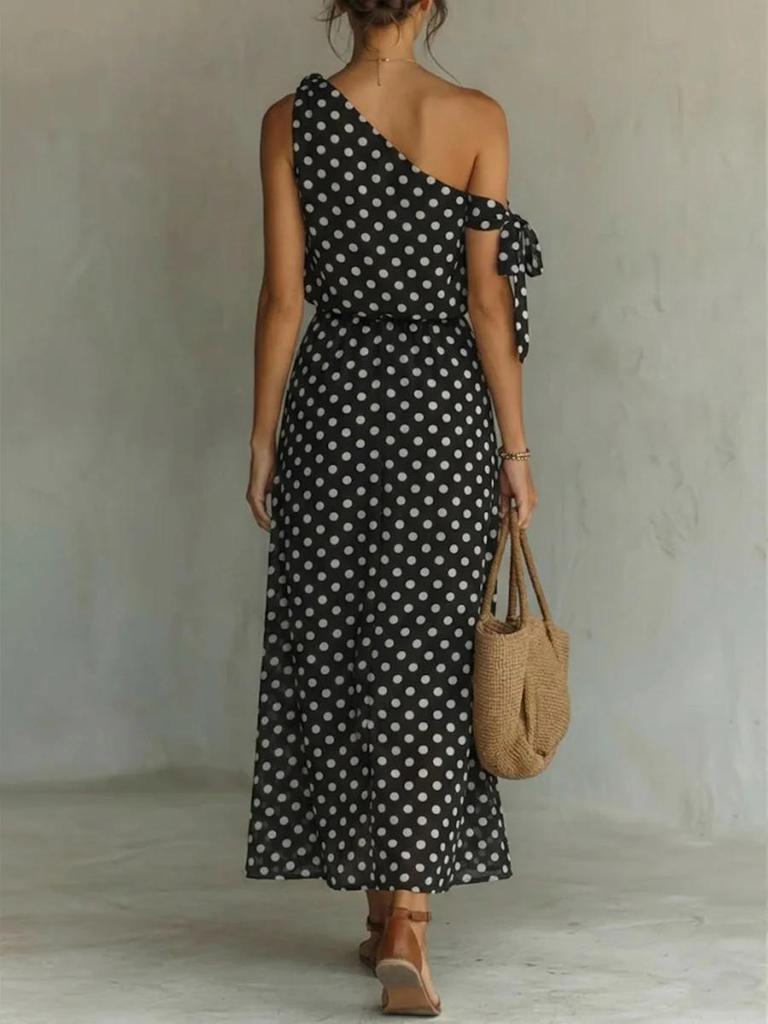 2026 European & American Style Women's Off-the-Shoulder Sleeveless Polka Dot Casual Dress