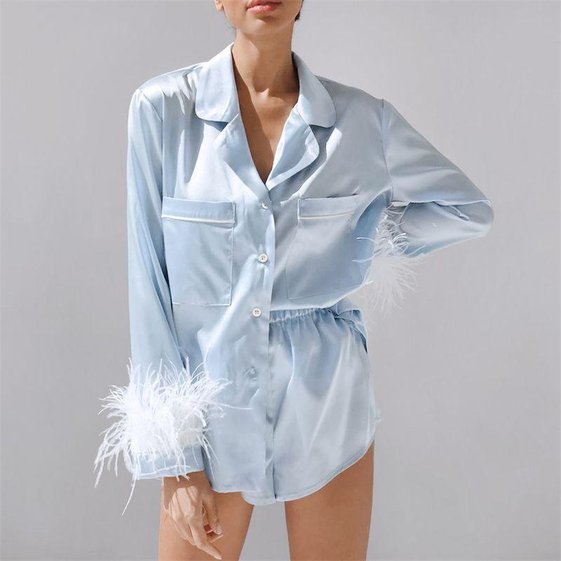 Women's Solid Color Polo Collar Feather Pants Two-Piece Set Top