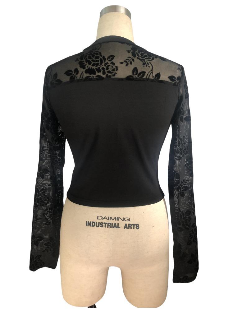 Camisetas de Manga Larga con Cuello Redondo y Encaje para Mujer, Color Sólido, Adelgazantes, Tops, Artículos de Moda Versátiles Esenciales para el Armario, Camisa