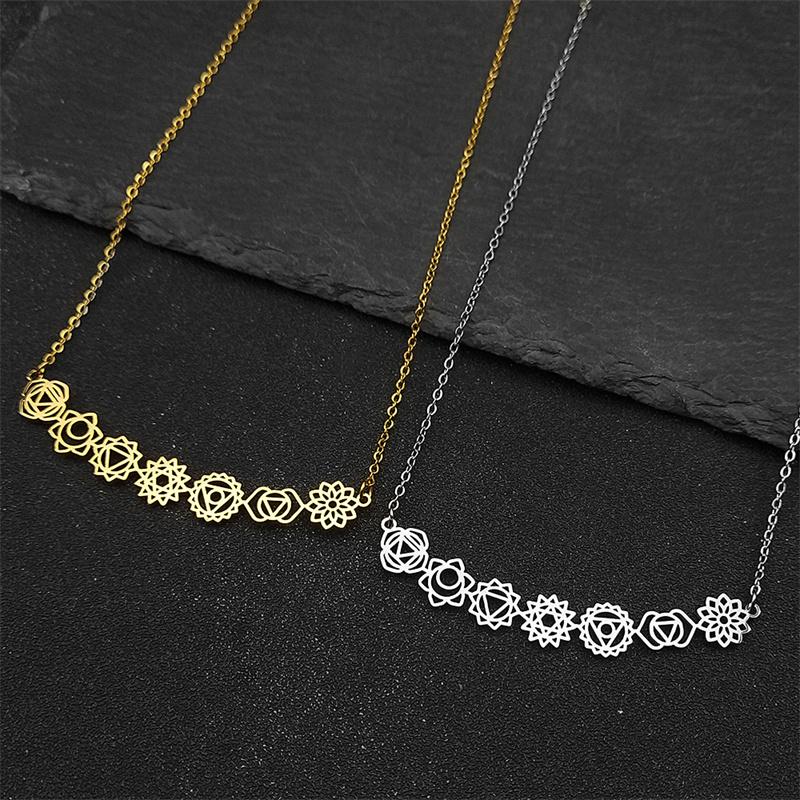 Yoga 7 Chakra Pendant Necklace For Women Girls Stainless Steel Silver Color Hollow Healing Spirit Chain Amulet Jewelry Gifts