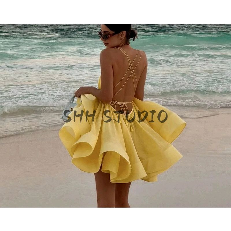 Spring and Summer New Women's Clothing Fashion Wind Commute Minimalist Easiest for Match V Neck Sleeveless High Waist A- Line Sling Dress