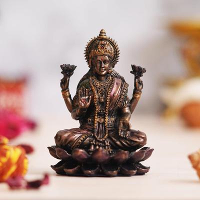 Handcrafted Blessing Goddess Lakshmi Statue Sitting On The Lotus Flower - Perfect for Home, Pooja Room - Ideal Gift for Devotees