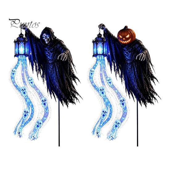 Festive Patio Lighted Displays Halloween Soul Harvester Solar Garden Stake Light, Animated Ghost Lantern with Reaper Yard Art Flowing LED Eyes,