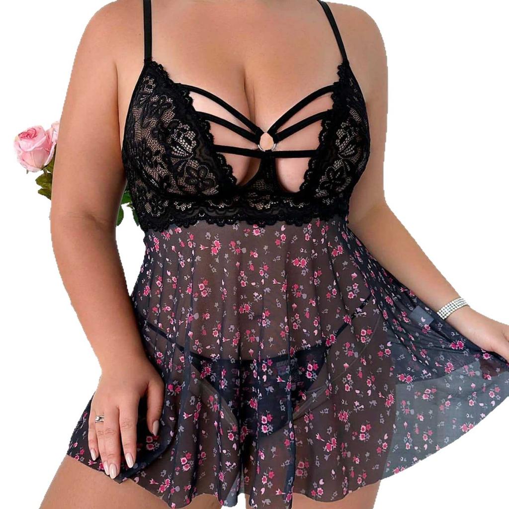 New European and American women's underwear large size sexy floral perspective lace pajamas