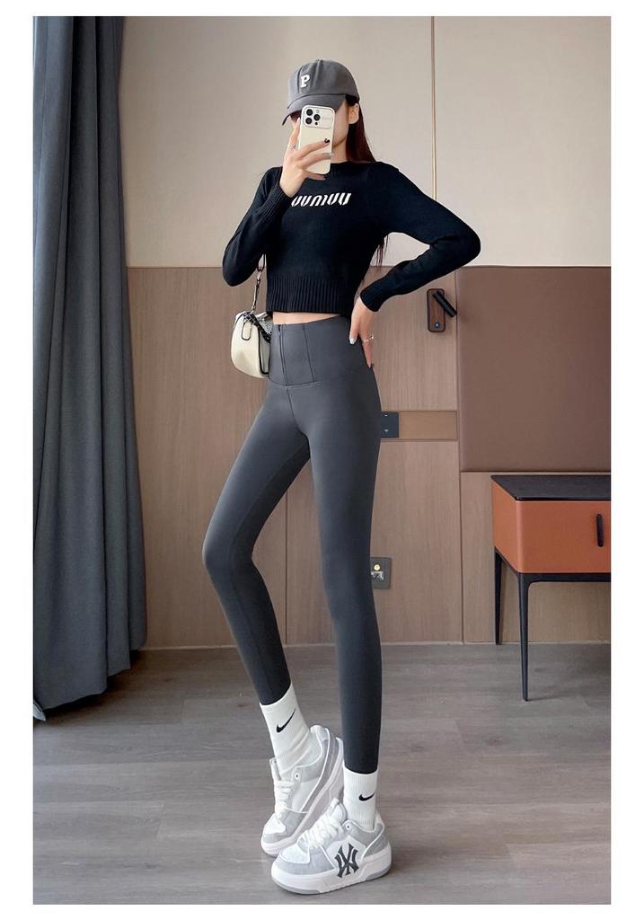 Women's High-Waist Zipper Tummy Control Pants with Shark Skin Texture - Autumn/Winter Velvet Bodycon Base Layer