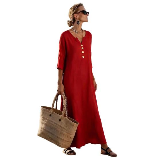 Loose Maxi Dress for Women,  3/4 Sleeve Button Up V Neck Casual Long Dress, Summer Flowy Beach Sundress