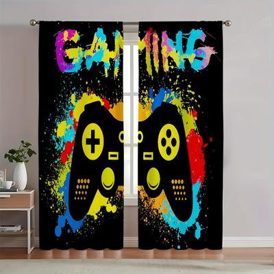 2Pcs Set Colorful Graffiti Game Console Design Semi-Sheer Curtains - Polyester, Machine Washable, Rod Pocket For Easy Hanging