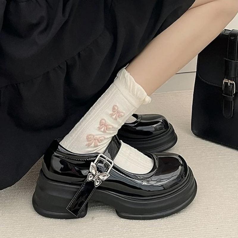 Franske Mary Jane-sko med høye hæler for kvinner, Retro, Enspennelukning, Allsidig sløyfe, Tykksålede, Chunky-hælede skinnsko