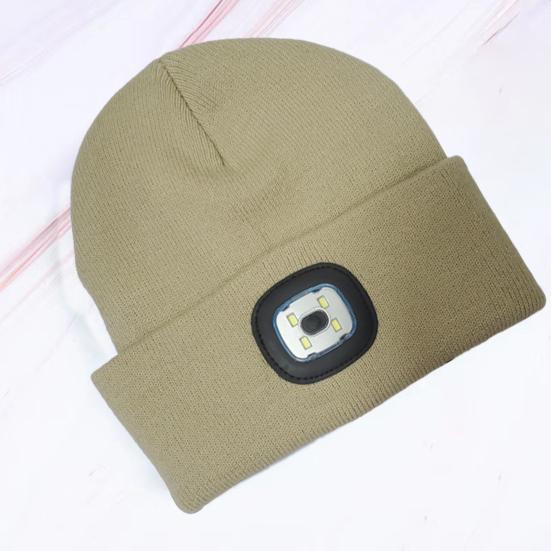 Women Autumn Winter Knitting Hat Solid Color Brimless Hat with LED Light Warm Windproof Elastic Beanie Hat