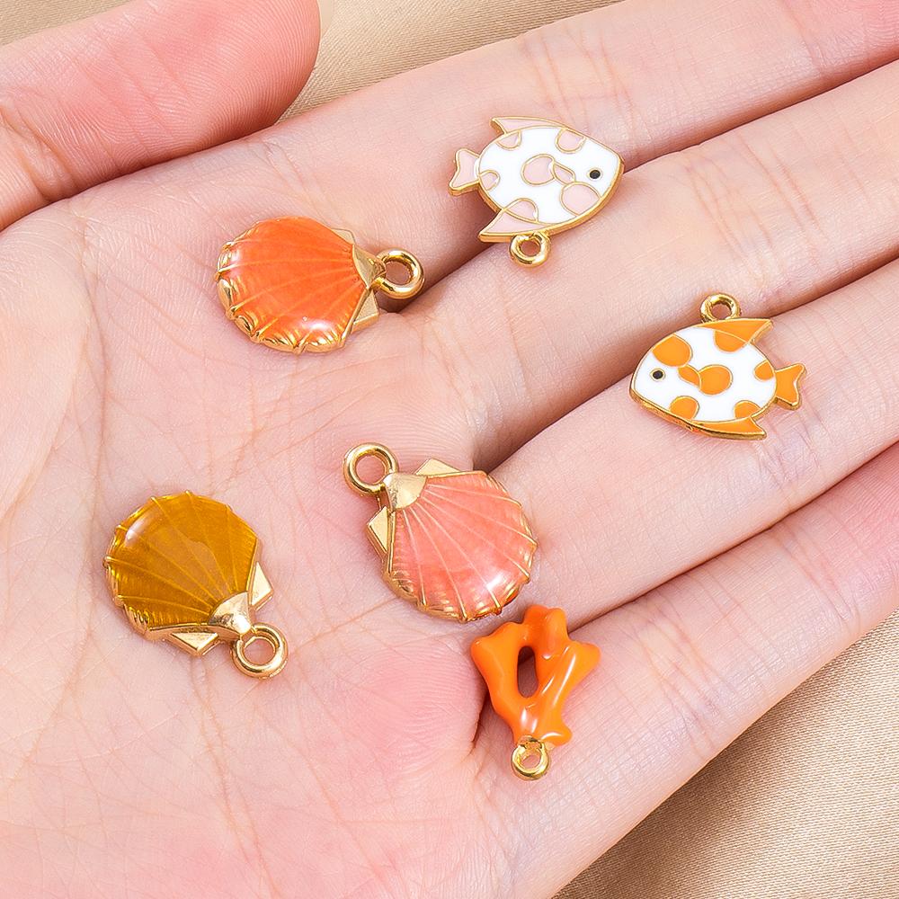 10pcs Cute Orange Enamel Sea Coral Turtle Conch Fish Starfish Charms Alloy Pendants for DIY Necklace Bracelet Jewelry Findings