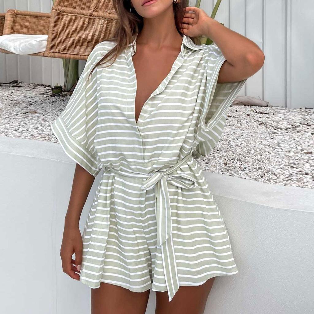 Women's Fashionable Casual Loose And Comfortable Tie Waist Open Collar Five Quarter Sleeve Jumpsuit
