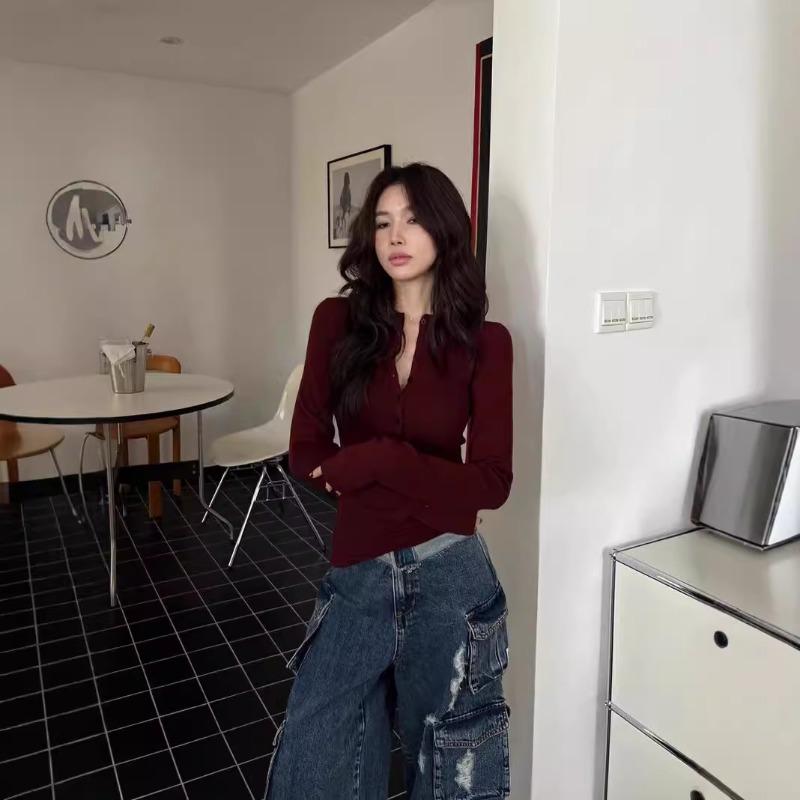 Spice Girl Sweet Sa Wind Long Sleeve T-Shirt Women's Autumn Solid Color New Slim Short Neck Button Top