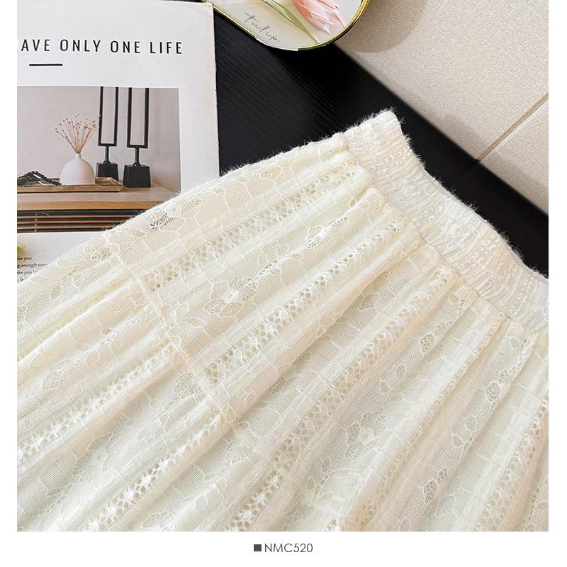 Elegant French Crochet Lace A-Line Midi Skirt for Women - High Waist, Autumn 2025 Collection