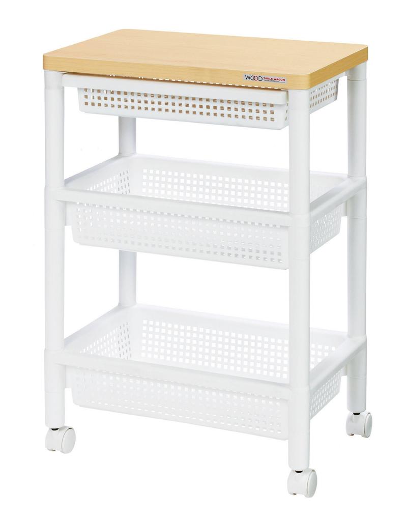 Fudo Giken Wood Table Wagon with Drawer Basket White F2491 WTW-3HS