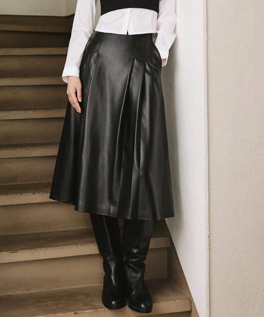 LEFTSEOUL Synthetic Soft Leather Flare Long Skirt [Black]
