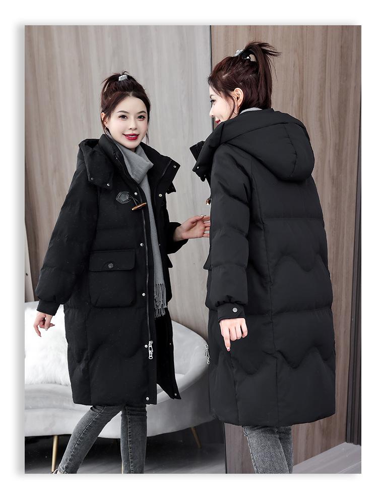 Autumn and Winter Women's Coat Horn Button Hooded Mid-length Loose Coat Thickened Warm Women's Jacket