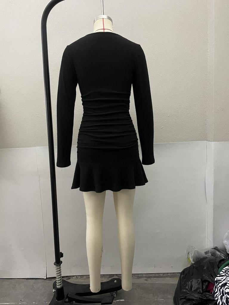 Autumn Slimming French V-Neck Black Bodycon Dress for Women
