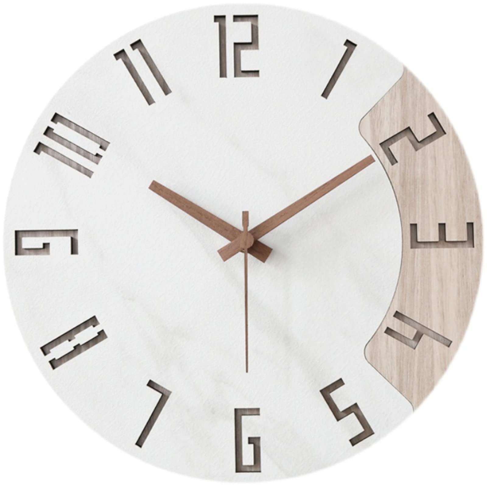 Danmukeji Stylish Nordic Silent Wall Clock with Natural Wood, White Stone Pattern Panel, Solid Wood Pointer, 12-inch Diameter (30cm), Large Font, Pers